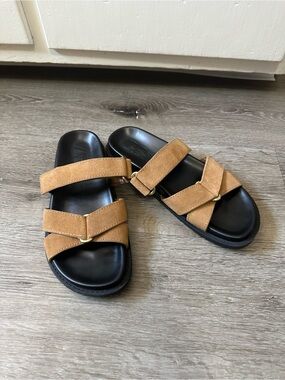 Zara Men's Tan Suede Cross-Strap Sandals with Black Sole
